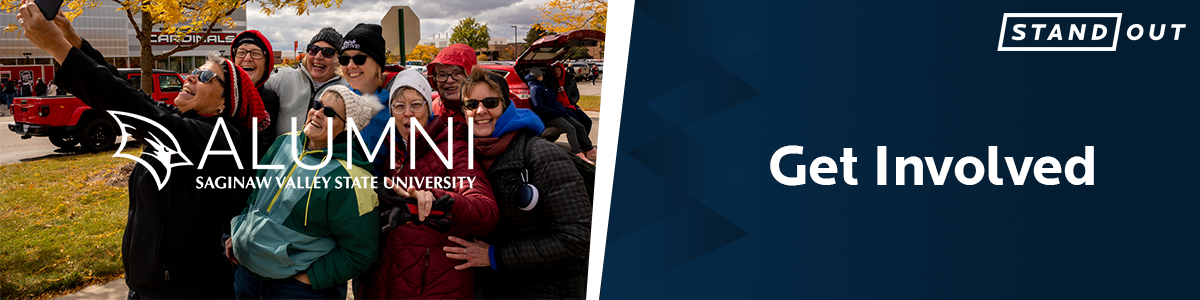 Get Involved banner: photo of alumni at Homecoming with the SVSU logo